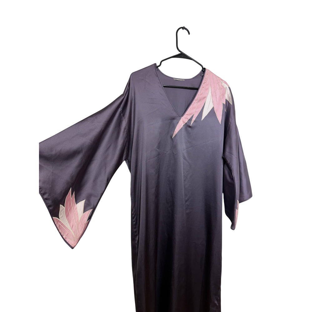 Vintage 70s Purple Satin Kaftan Dress Pink Feather Embroidered Lounge Gown